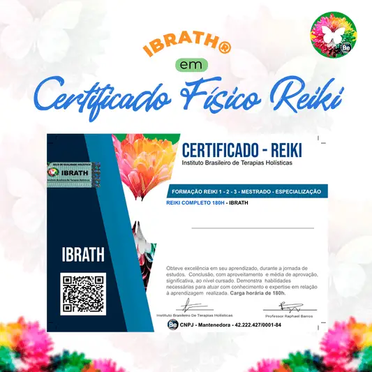 Certificado / Certificação internacional / Reiki completo I, II e Mestrado - IBRATH Instituto Brasileiro de Terapias Holísticas certificado, certificado físico, reiki